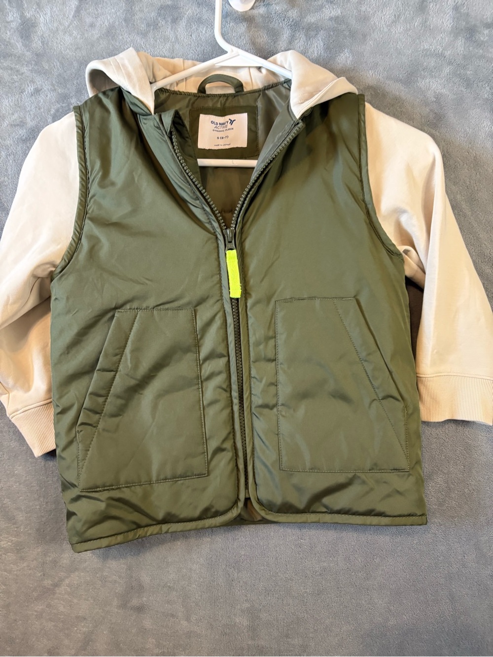 Old Navy Olive Green Quilted Vest with Cream Hoodie Layer